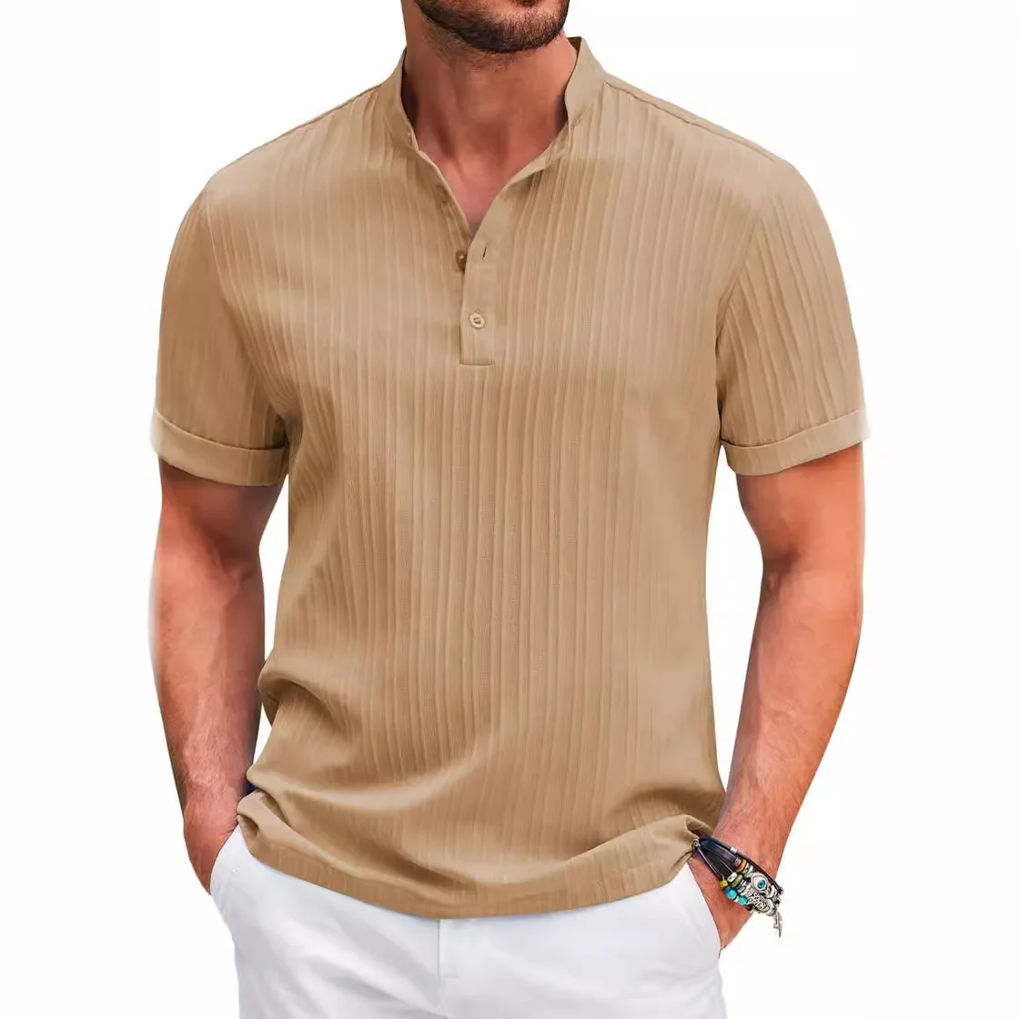 Camisa de Henry listrada de onda masculina, blusa solta casual para praia, Amazon Wish Moda, além das fronteiras, nova, 2024