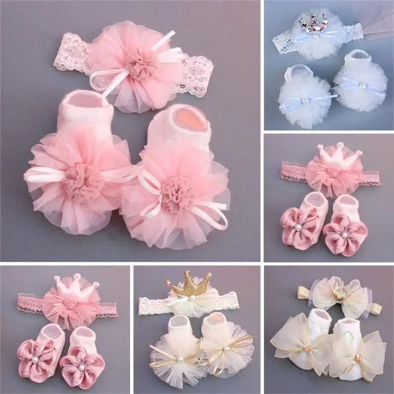 Princess Style Baby Headwear Socks Sets Newborn Infant Girl Socks Hairband Set Crown Bow Flower Lace Baby Clothing Accessories