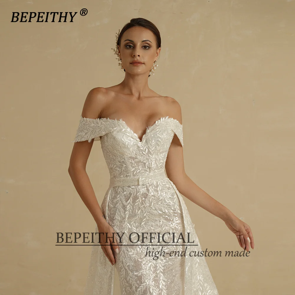 BEPEITHY Customized Sequins Mermaid Wedding Dresses 2022 For Women 2 In 1 Detachable Train Lace Bridal Gown Beach Vestido Novia