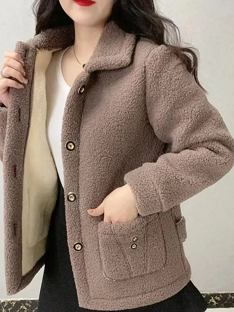 Thicken Warm Faux lamb Wool Coat 2022 Autumn Winter Loose Long-sleeve Outerwear Solid Women Jacket Parkas Casual Tops