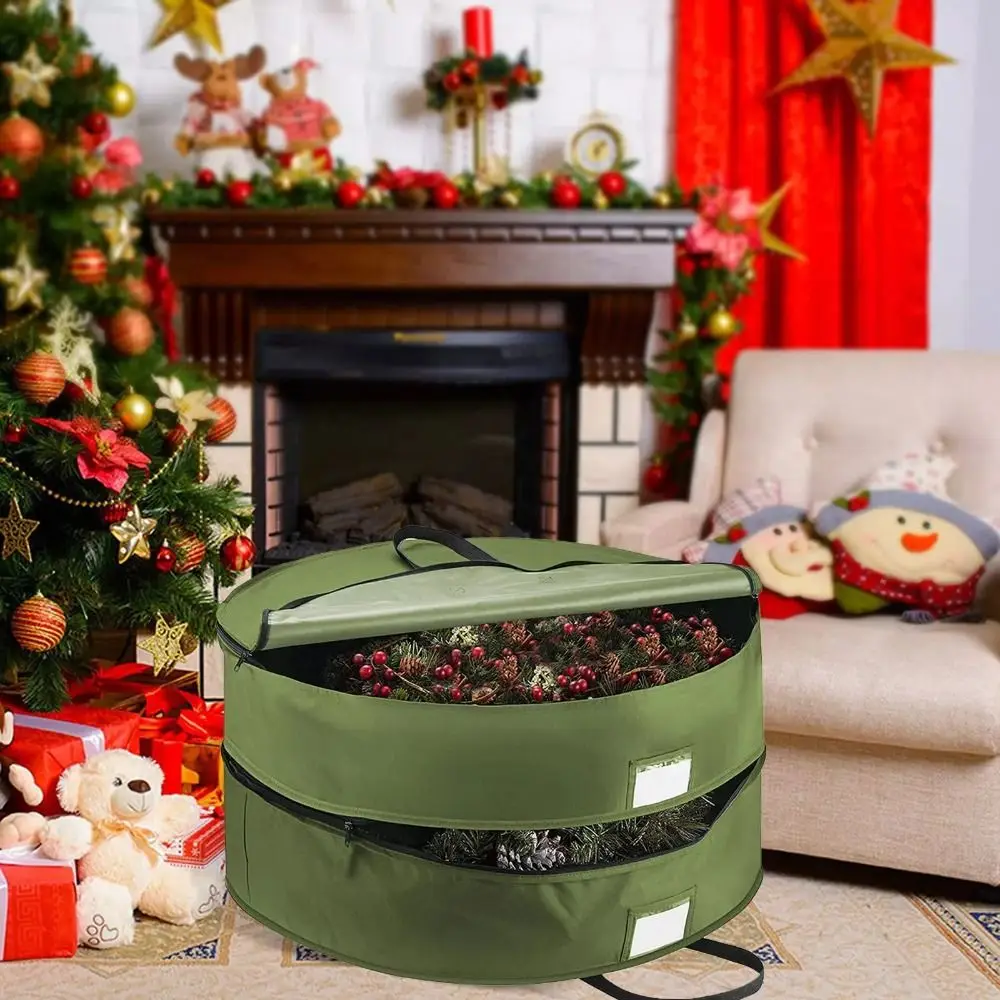 Double Layer Christmas Wreath Storage Bag with Zipper and Handles Stackable Wreath Storage Container Thickened Large Capacity