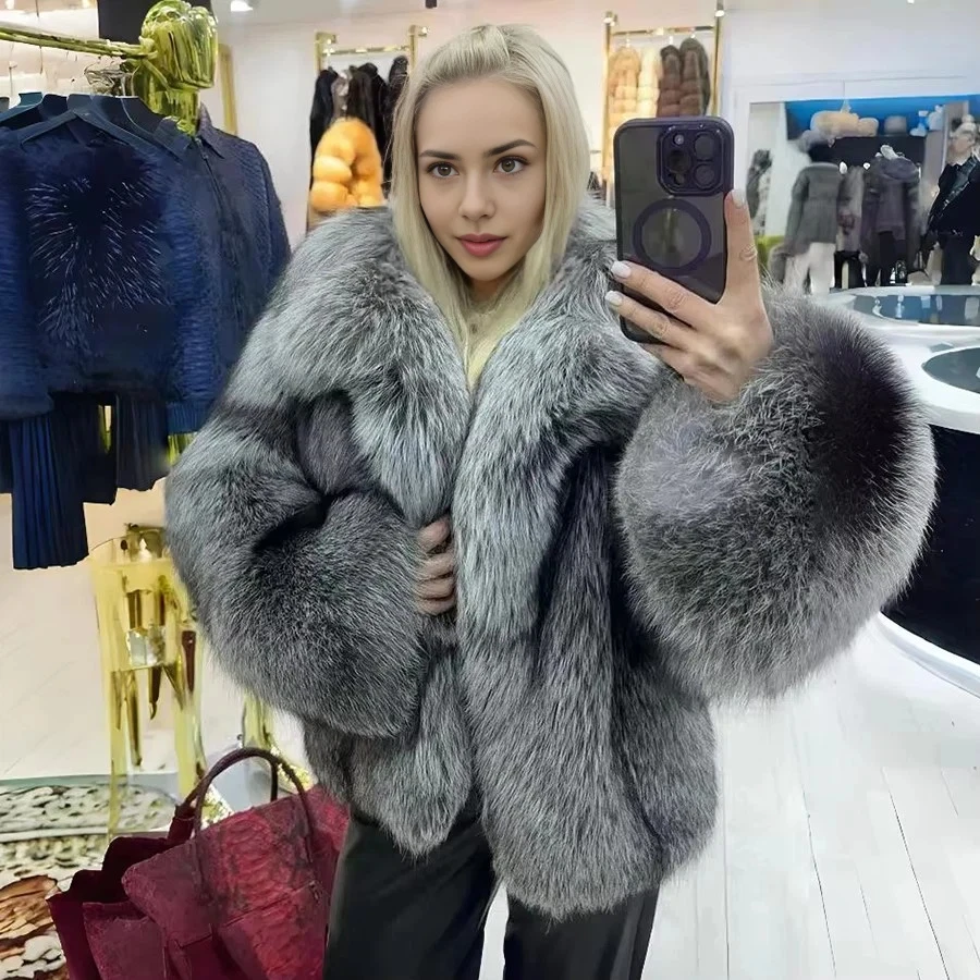 New Fox Fur Coat With Turndown Collar Real Fox Fur Jacket For Woman Winter Luxury Silver Fox Fur Jackets