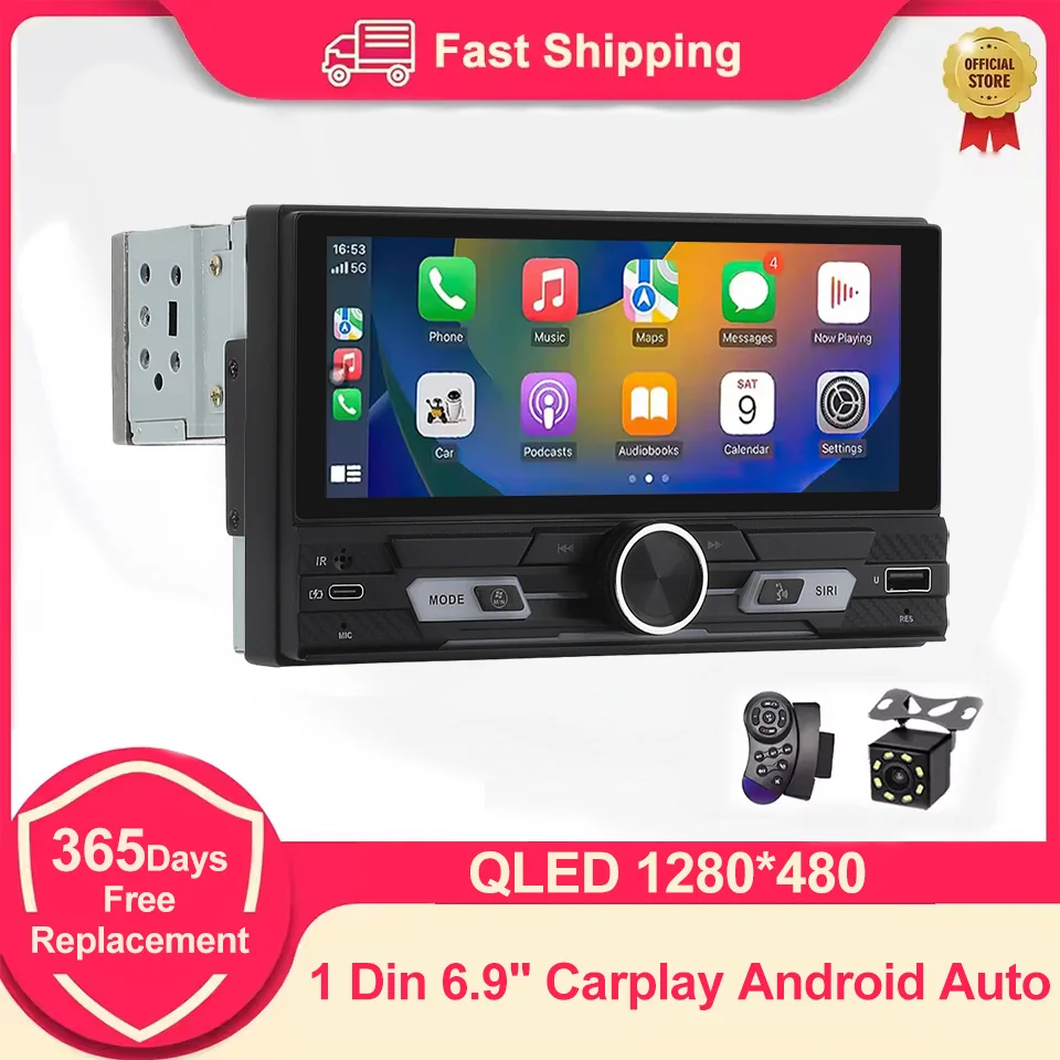 

1Din беспроводной автомобильный мультимедийный плеер с CarPlay и Android Auto, HD сенсорный экран 6.86'', FM-радио, MP5, универсальный, с портом TYPE-C и камерой.