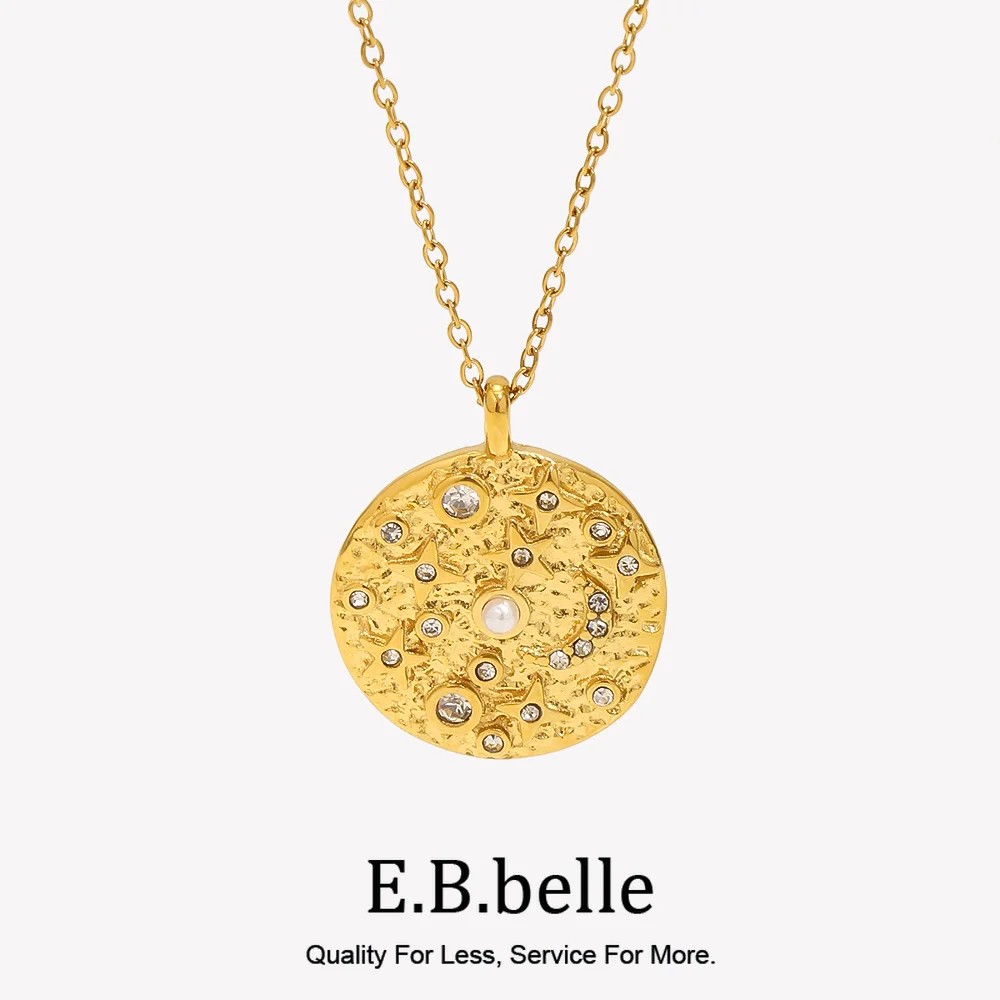 E.B.belle Design Elegant Pearl Crystal Moon Star Necklace Vintage Irregualr Surface Stainless Steel Coin Necklace For Women