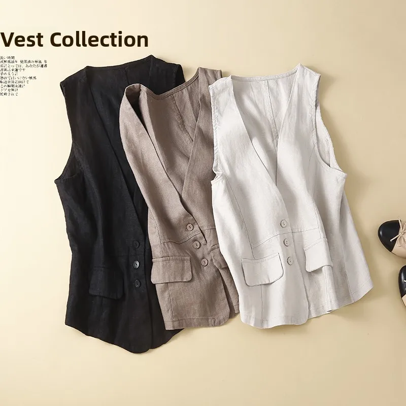 Women's Linen Sleeveless Vest Summer Casual Loose Outerwear Thin V-neck Single Button Closure Pure Color Versatile Style