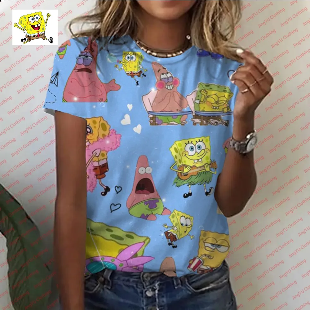 Camiseta informal de manga corta para mujer, Camiseta cómoda de dibujos animados de Bob Esponja, camiseta de dibujos animados, nueva moda de verano 2024