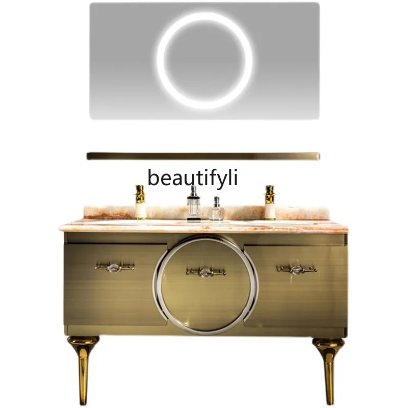 

Light luxury stainless steel bathroom cabinet combination bathroom washbasin wabi sandy wind gold double basin marble floor