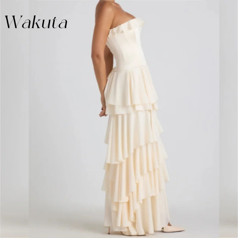 Wakuta Franse Liefje Off Shoulder Chiffon Gewaad Klassieke Taille Vouwen Effen Gelaagde Jurken Jeugd Fishbone Vestidos De Graduación