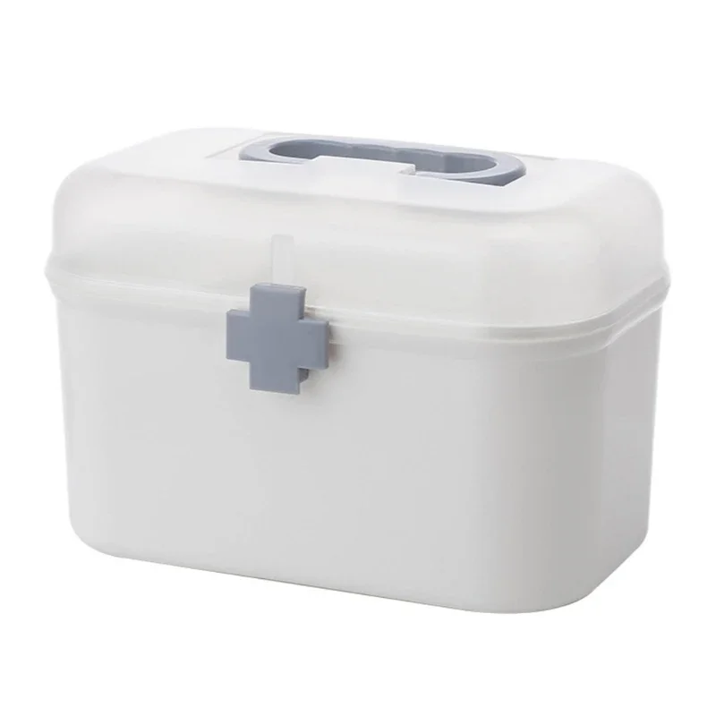 Family Plastic Storage Box Double Layer First Aid Bin with Handle Removable Tray Portable Emergency