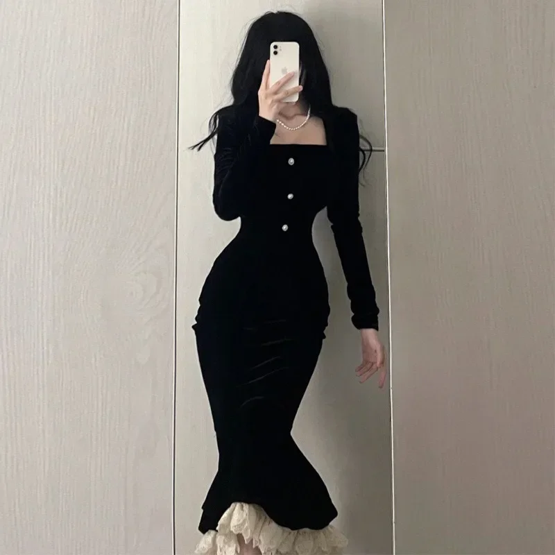 

French Black Lace Square Neck Wrap Hip Fishtail Dress Spring Korean Women Vintage Slim Evening Party Velvet Long Dresses Платье