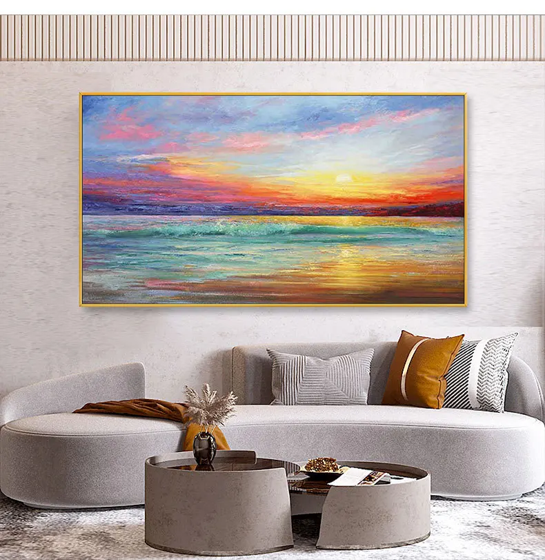 Imagem -05 - Moderno Seaside Sunrise Lona Pintura a Óleo Artesanal Sol Praia Mar Paisagem Arte da Parede Pendurado Pintura para Sala de Estar Decoração Casa