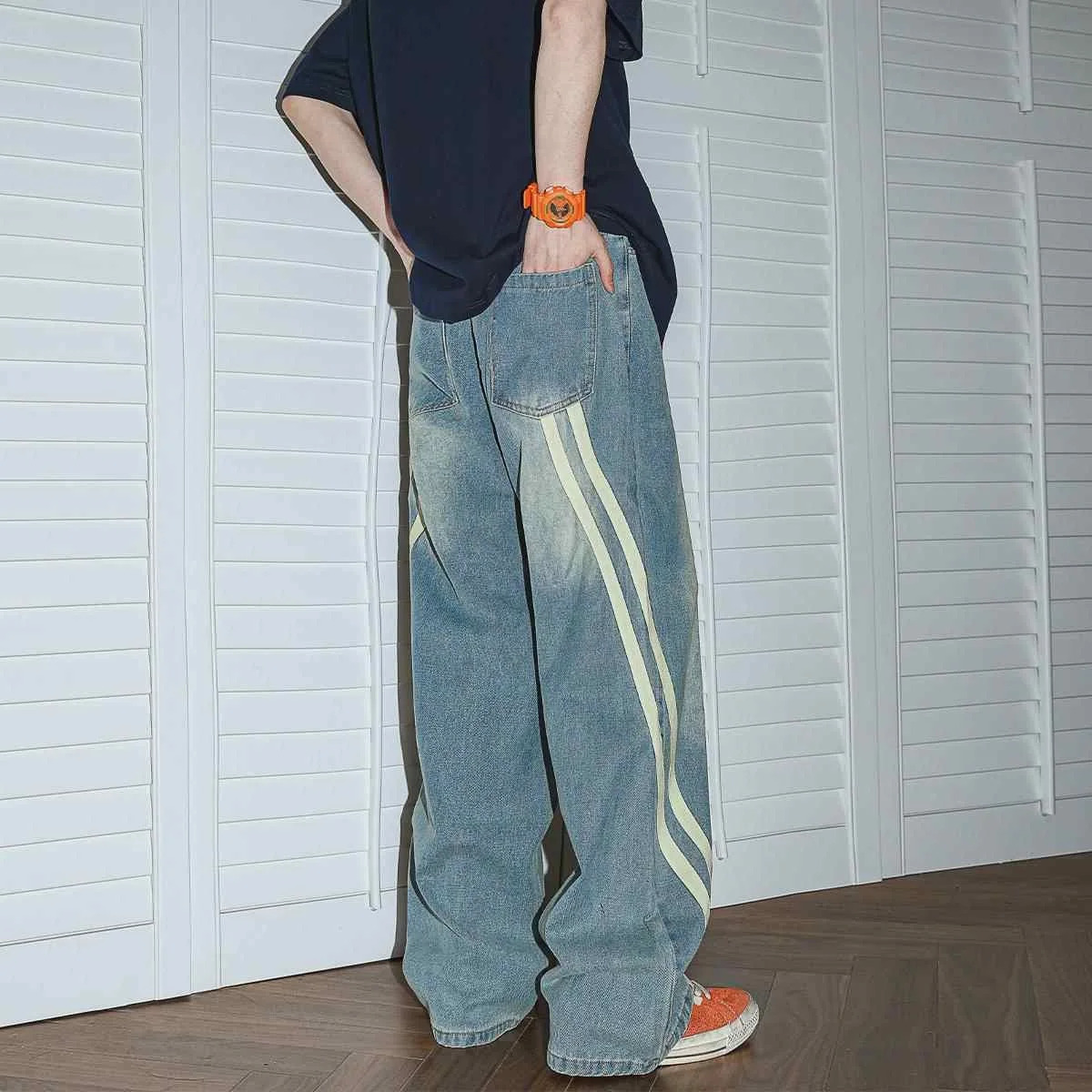 

Ретро-джинсы в американском стиле с полосатыми вставками для мужчин, весна-осень, свободные прямые повседневные длинные брюки для пар
