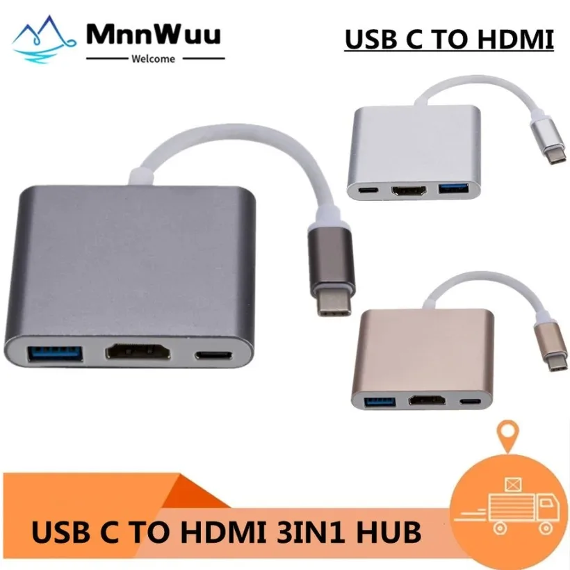 3 in 1 Type C To HDMI-compatible USB 3.0 Charging Adapter USB-C 3.1 Hub for Mac Air Pro Huawei Mate10 Samsung S8 Plus USBC TO HD