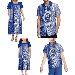 Pacific Island Puffed Sleeve Women Girls MUMU Dress Fiji Polynesian Ethnic Pattern Custom Blue Family Party Set Men Boys Shirt