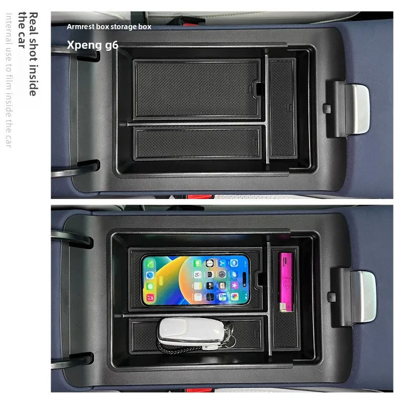 Center Console Organizer Tray for Xpeng G6 2024-2026 Armrest Storage Box with Anti-Slip Mat Drop-in ABS Interior Accessory