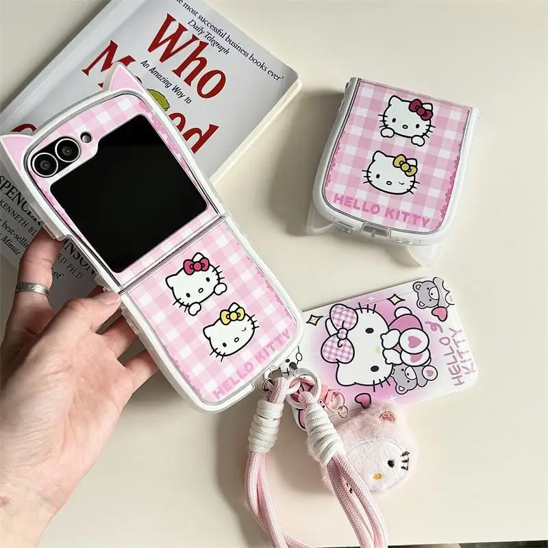 New Sanrio Hello Kitty Cartoon Cute Suitable for Galaxy Zflip5/6 Zflip3/4 Simple Couple Phone Case with Hanging Rope