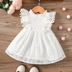 Summer New Baby Girl Solid Color Flying Sleeve Princess Dress Small Ball Lace Lace Cute Dress