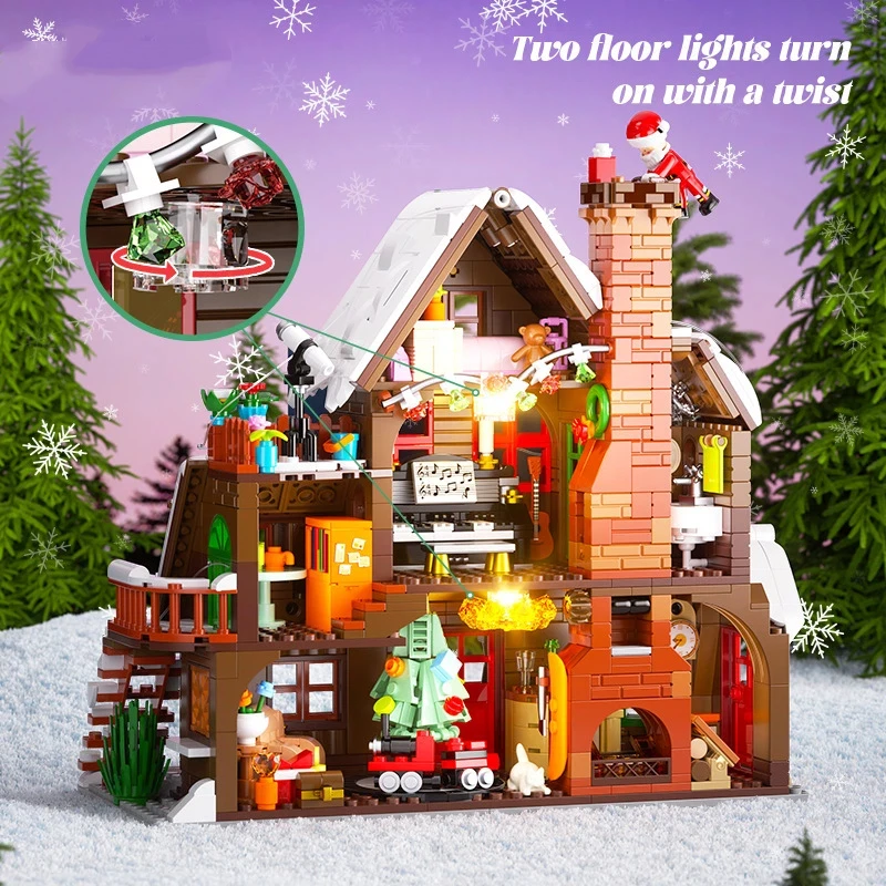 الإبداعية عيد الميلاد سجل المقصورة اللبنات مع أضواء LED MOC وحدات منزل نموذج الطوب عيد الميلاد للبالغين الاطفال اللعب هدية #4