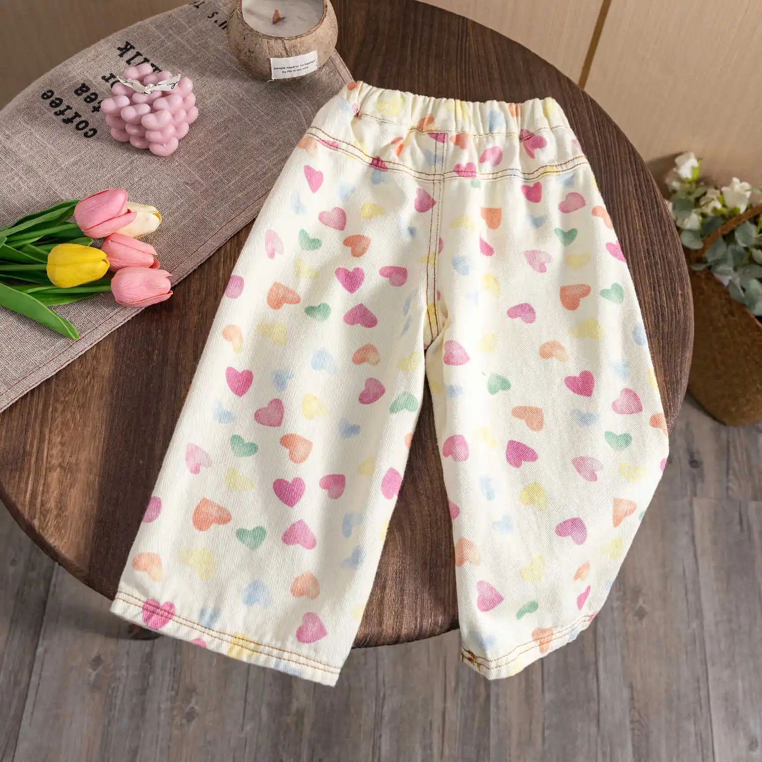 Children's Jeans 2024 Spring Baby Girls' Fashion Colorful Love Printed Straight Wide Leg Pants Casual Loose Denim Trousers