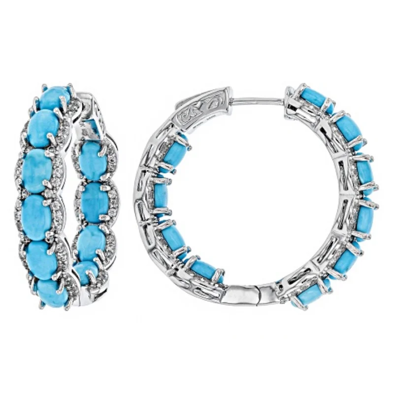 Vintage Silver Color Imitation Turquoise Hoops Earrings Woman Oval Party Daily Wear