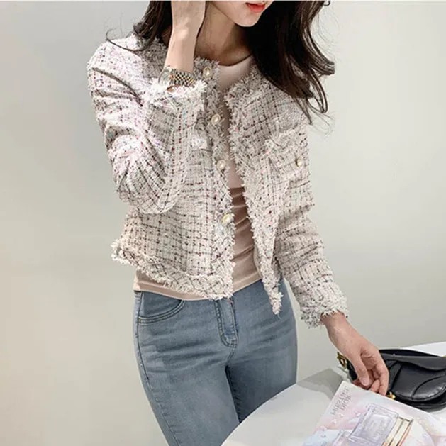 Western style fringed small fragrant round neck cardigan jacket for women, 2024 autumn new Korean version coarse tweed short top