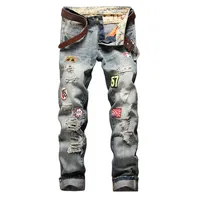 High Street Casual Motorcycle Jeans for Men (without Belt) Badge Distressed Straight-leg Slim-fit Ripped Denim Trousers Male