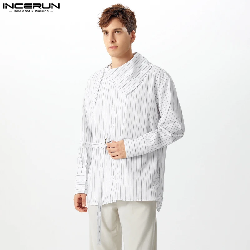 

2024 INCERUN Men Casual Long Sleeve Shirts Button Stripes Splicing Handsome Boy Tops Loose Elegant Shawl Collar Male Clothes