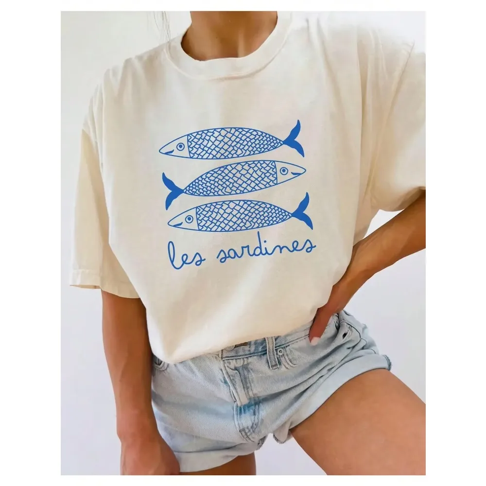 INAWLY-Camiseta con estampado de sardina para mujer, camisa informal de pescado enlatado, camiseta informal de moda de verano para chica costera de tomate