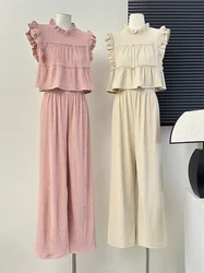 2024 Summer New Sleeveless Tank Top Set Fashion Standing Collar Lace Slim Tops + High Waist Elastic Wide Leg Pants Suit