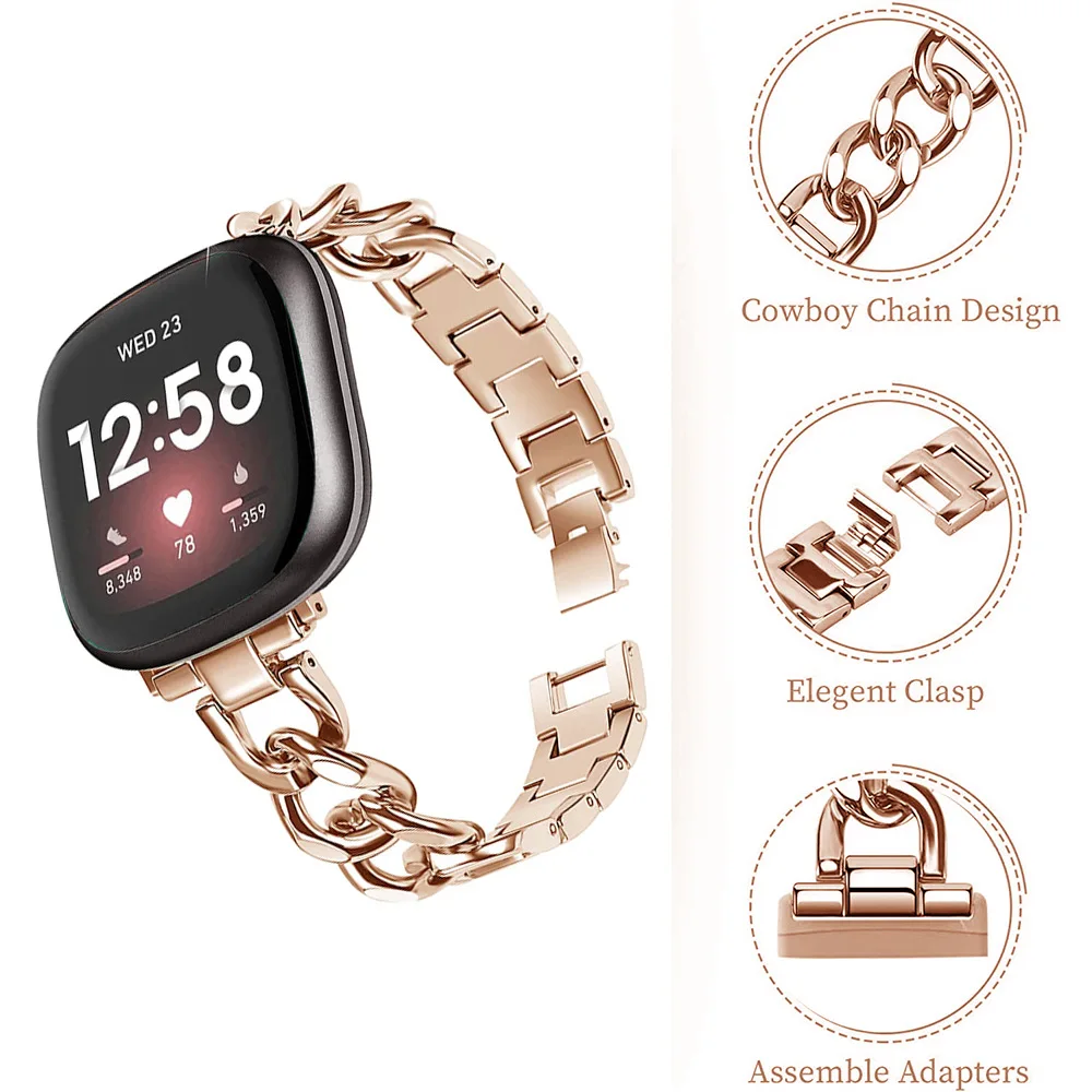 Wholesale Stainless Metal Luxury Gold Bands for Fitbit Sense Versa 3 Silver Black Chain Watch Band For Fitbit Versa 4 Strap
