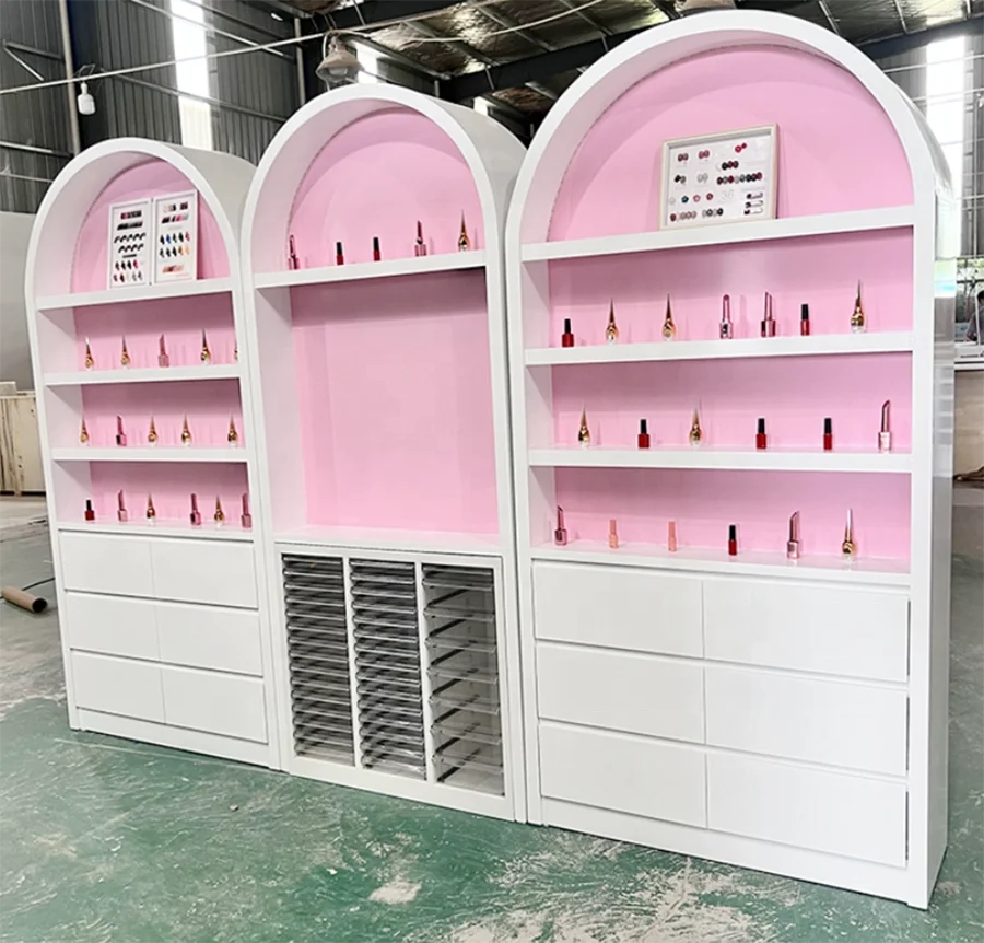 New design cosmetic perfume bottle display shelves with LED light luxury Makeup Beauty Shop Display Cabinet Furniture