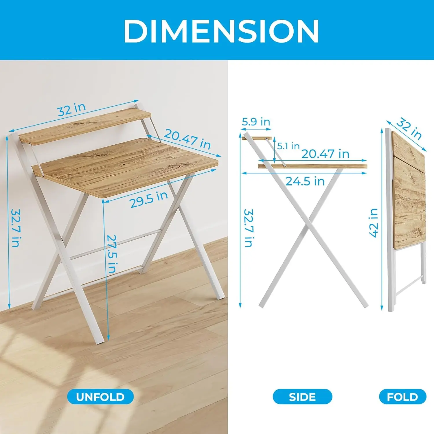 Folding desk No need to assemble large size 2 level folding computer desk with shelf space saving portable laptop folding table