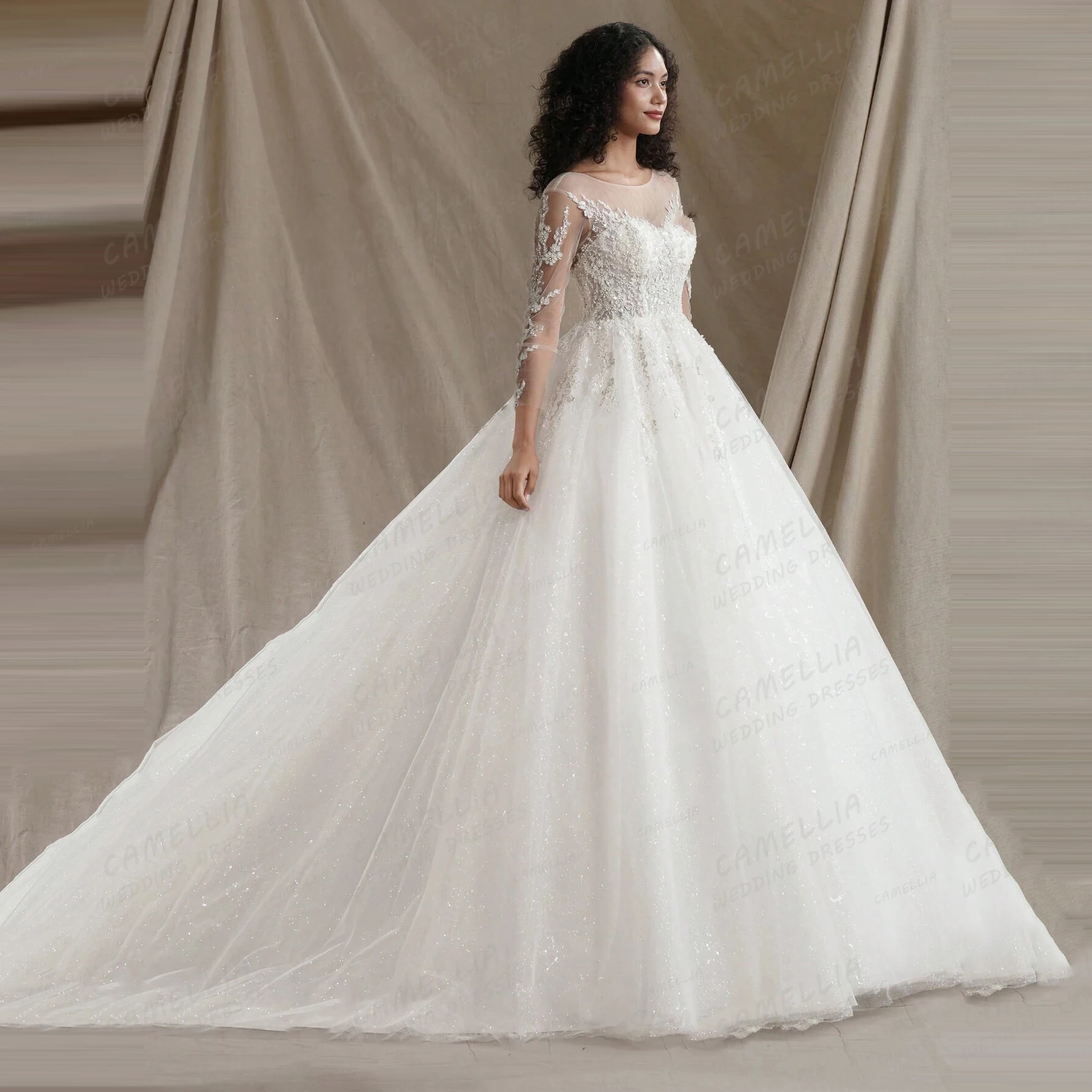 Luxus Brautkleider Damen A-Linie Flauschiger Tüll Brautkleider Applikationen Langarm Formal Elegant Vestido De Novia Maßgeschneidert