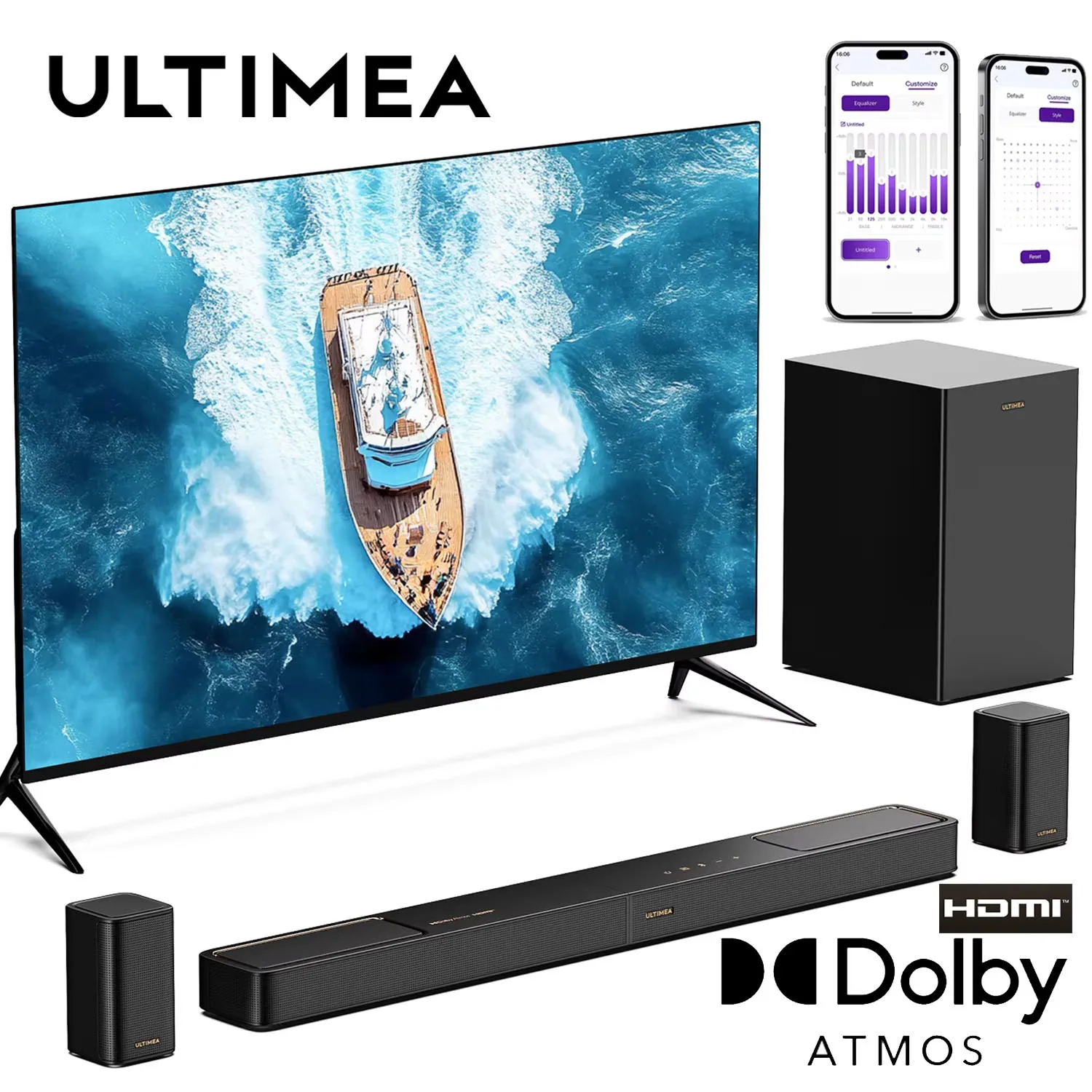

ULTIMEA 5.1.2ch Sound Bar with Dolby Atmos and Wireless Subwoofer, Surround Sound System for Smart TV with 2 Surround Speakers