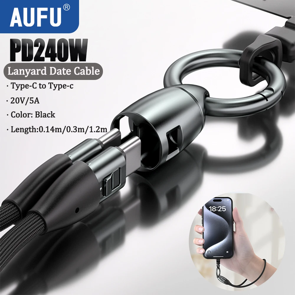AUFU 240W Type C To Type C Cable 5A Fast Charging Keychain USB C Lanyard Data Cable For iPhone 17 16 15 Xiaomi Samsung Macbook