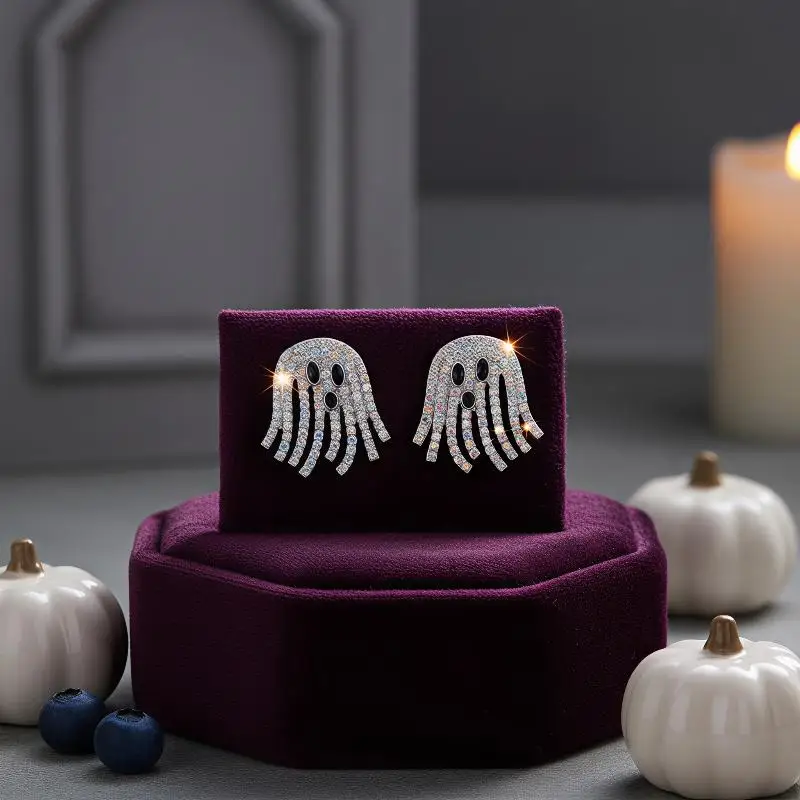 1Pair Cute Halloween Ghost Stud Earrings Crystal Encrusted Crystal Sparkling Quality Jewelry Gift For Women Girls Fashion