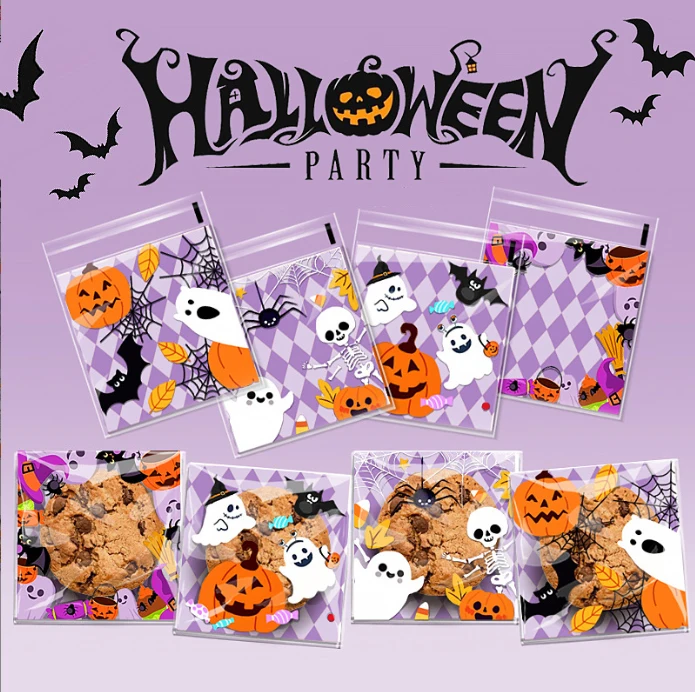 50 teile/los Cartoon Halloween Kunststoff Verpackung Tasche Selbstklebende Taschen für DIY Hausgemachte Cookie Party Schmuck Urlaub Geschenke Tasche