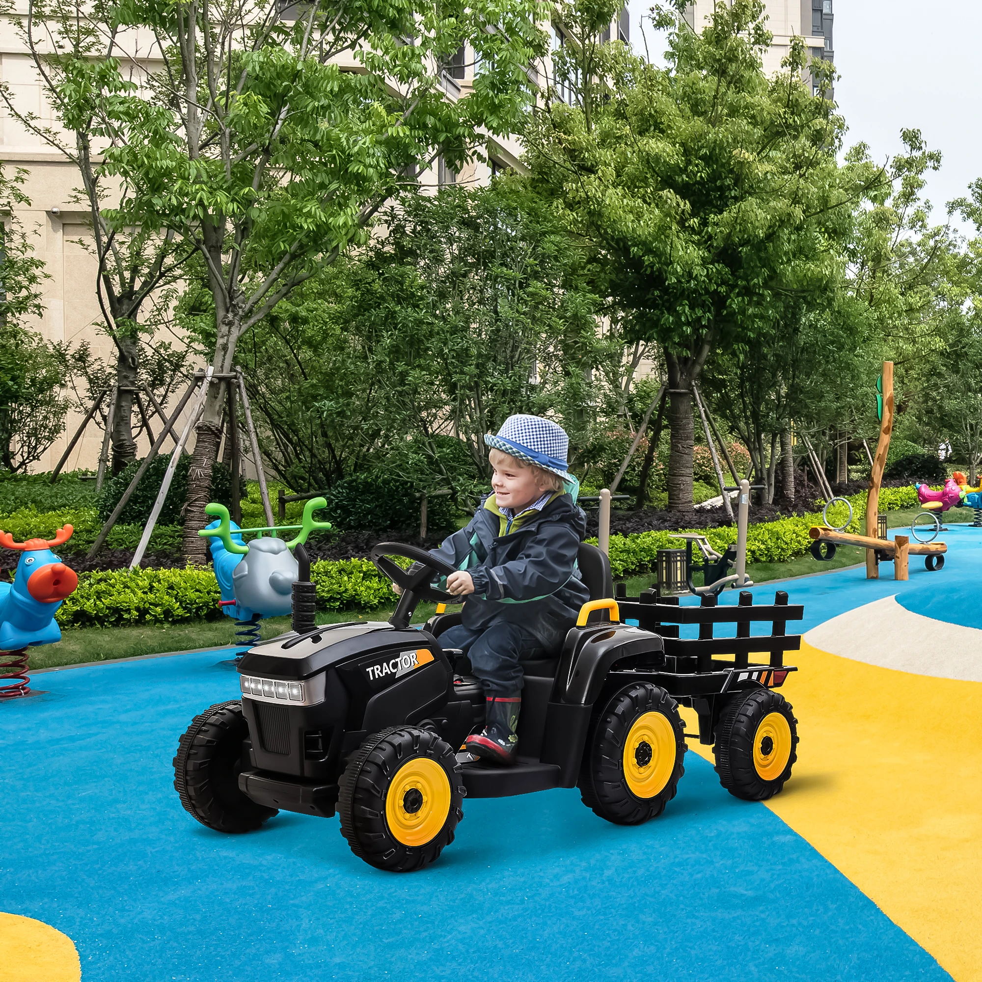 Tractor con remolque para niños, coche eléctrico alimentado por batería con música, USB, música, luces LED, vehículo de juguete para 3 a 6 años, 12V