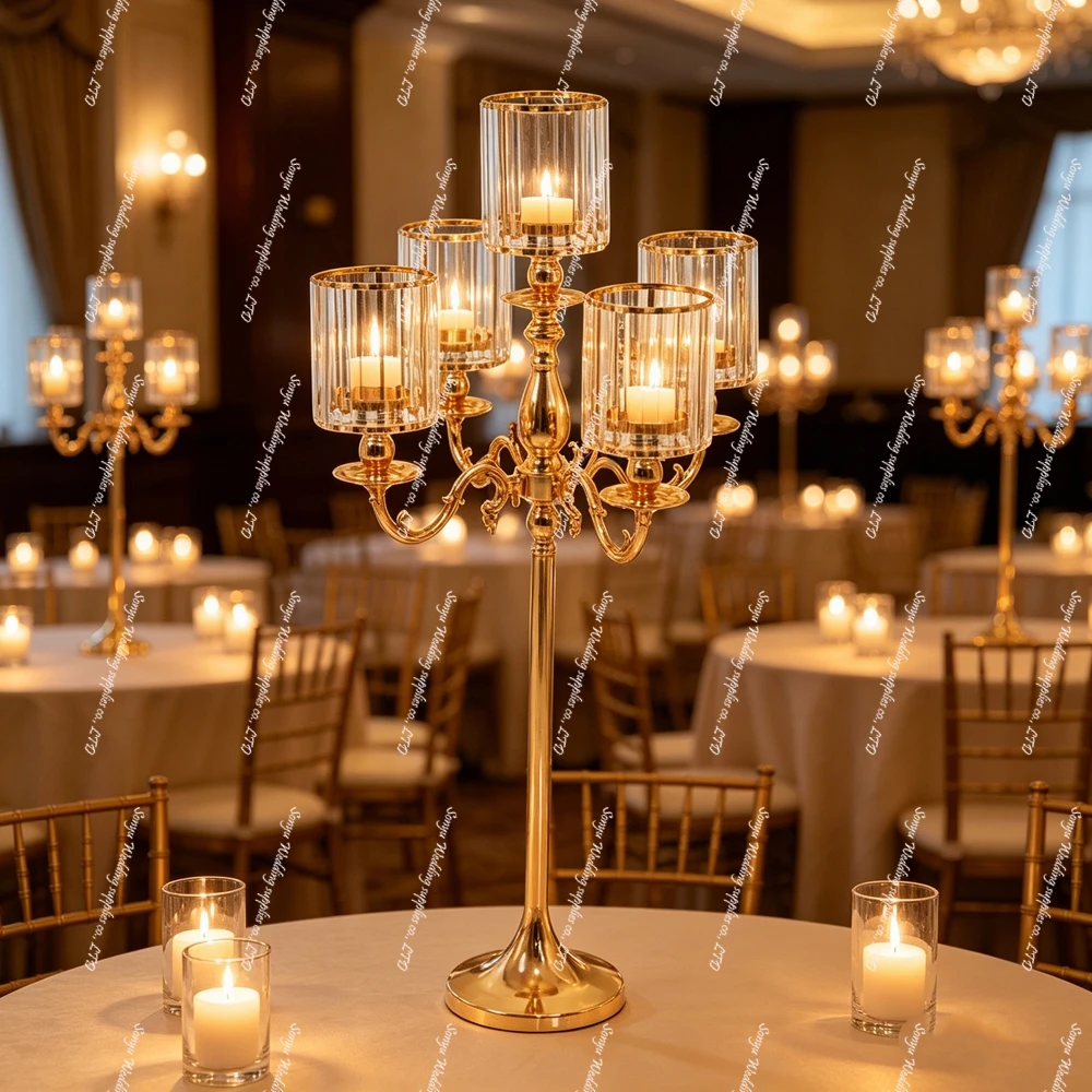 10pcs 110cm tall 5-Arm Gold and Silver Taper Candle Stand Inspired Crystal Premium Quality Stick Holder for Wedding Centerpiece