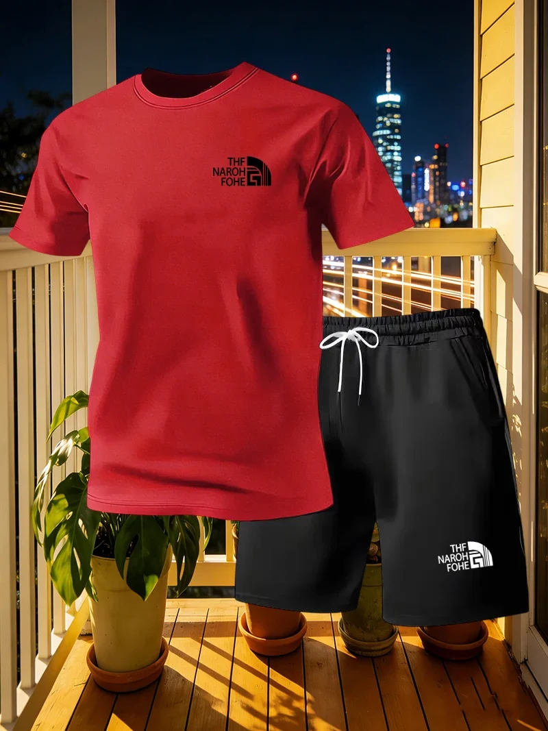 Summer European American Men's Fashion Style Casual Sports Two-piece Set Simple and Fashionable Short Sleeved T-shirt+shorts Set