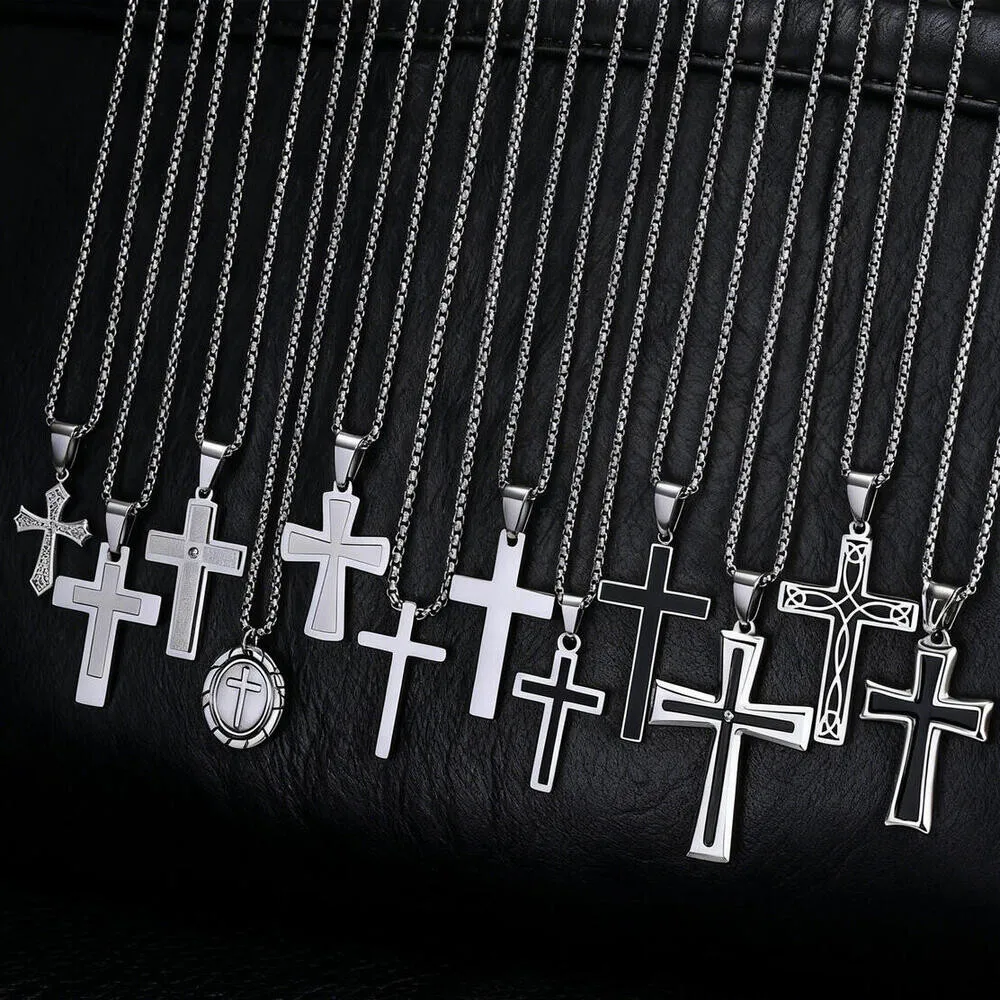 قلادة متقاطعة أساسية للرجال والأولاد، قلادة متقاطعة من الفولاذ المقاوم للصدأ مع سلسلة صندوق 50/55/60 سم، هدية الذكرى السنوية لعيد الميلاد #2