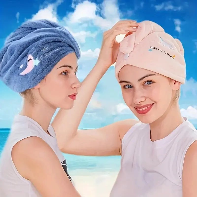 Coral fleece dry hair cap for women, cute embroidery, soft and absorbent quick drying single-layer shower cap, new cartoon hat