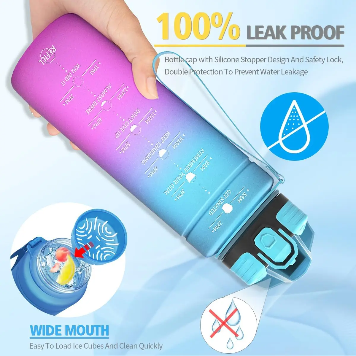 ZOUNICH 500/1000ML New Gradient Sports Water Bottles Portable LeakProof Colorful Bottles Travel Plastic Drinkware BPA Free