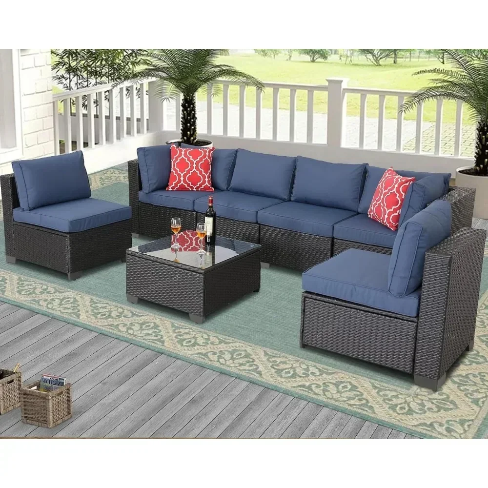 Outdoor Rattan Wicker Conversation Sofa Garden Sectional Sets Coffee Table for Porch Poolside Navy, Garden Sofas