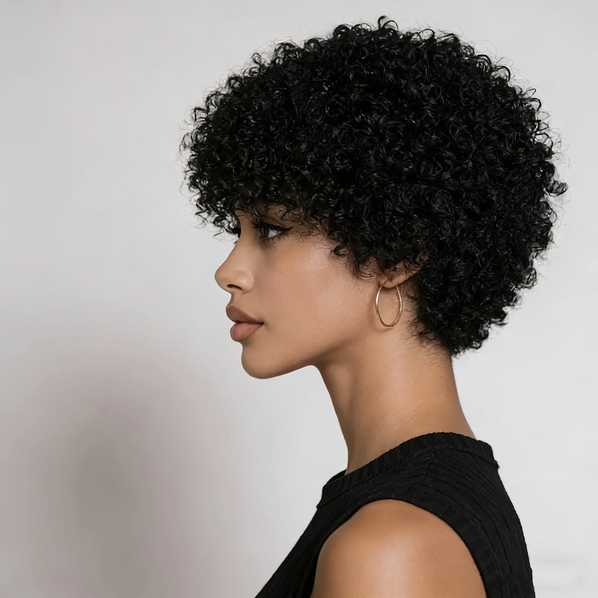 Women's Pixie Cut Human Hair Wig with Bangs Suitable for Daily Wear & Special Events 150% Density Curly Wave Natural Curly