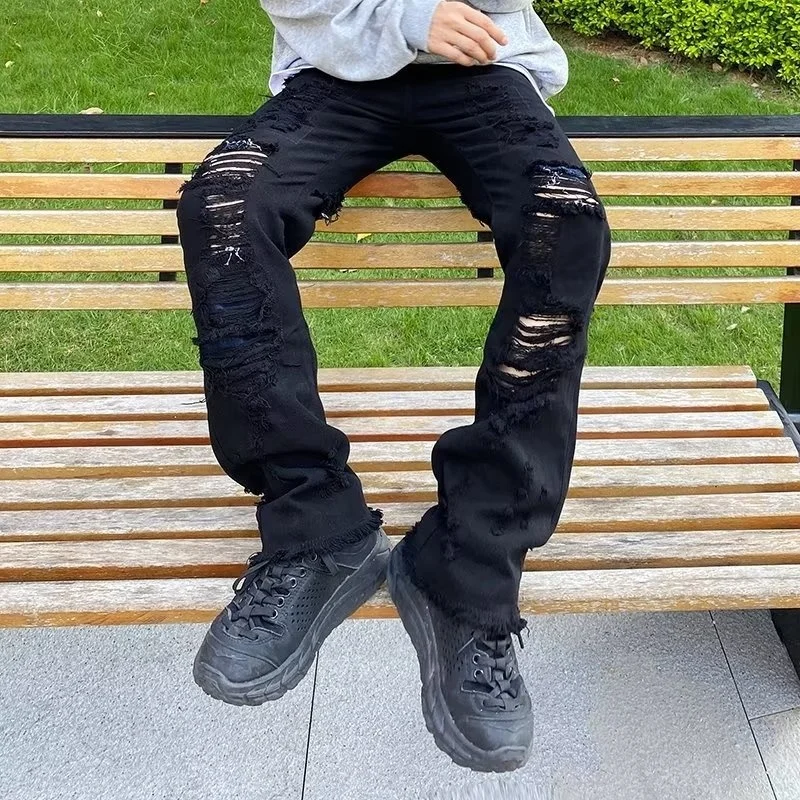 

High Street Men's Letter Embroidery Washed Jeans Trousers Retro Streetwear Hole Straight Korean Loose Man Denim Pants Unisex Y2K