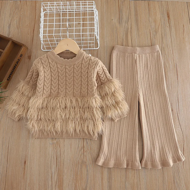 Girls Sweater Set Autumn Winter 2024 New Little Girl Flared Pants Knit Sweater Round Neck Two-piece Set Korean Simple Style