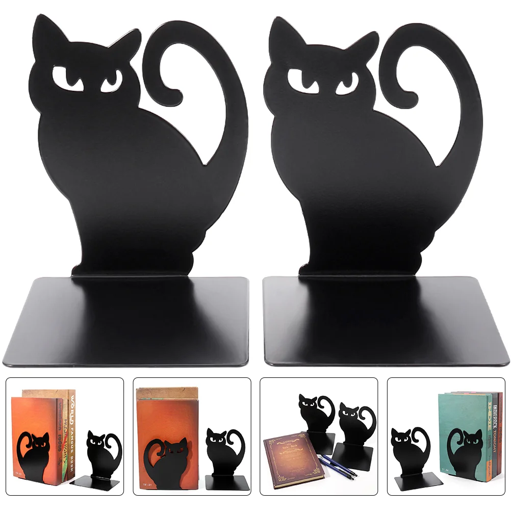 2 Pcs Books Black Cat Bookend Decorative Stands Iron Shaped Organizer Holders Convenient