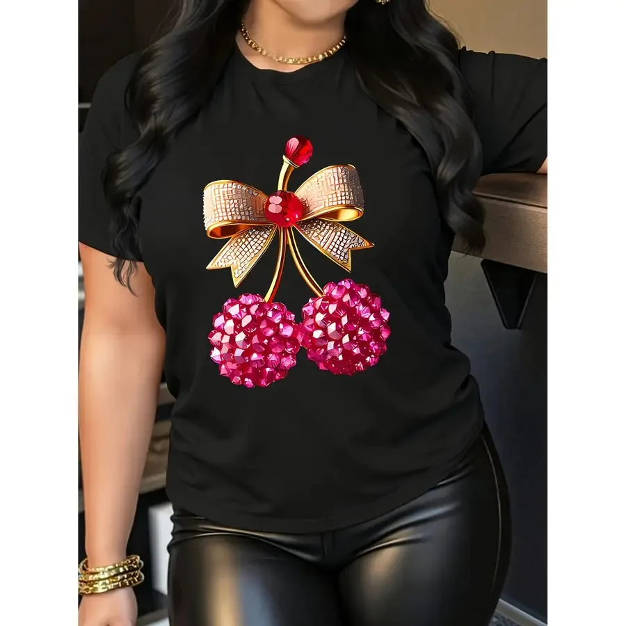 

【New style】Women'S Shiny Cherry And Bowknot Print T-Shirt with Rhinestone Pattern- Semi-Transparent Casual Summer Top Round Nec