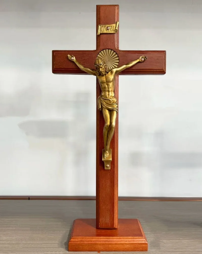 Wood Crucifix With Brass Body Of Christ Catholic Church Relics Figurines Cross Jesus With Stand Home Chaple Church Supplies
